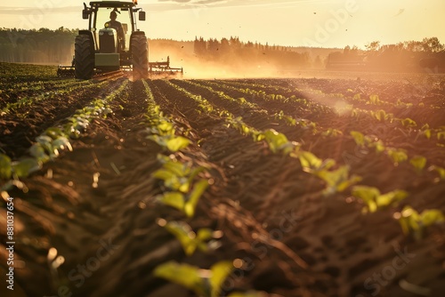 Farm worker driving tractor prepares for harvest
