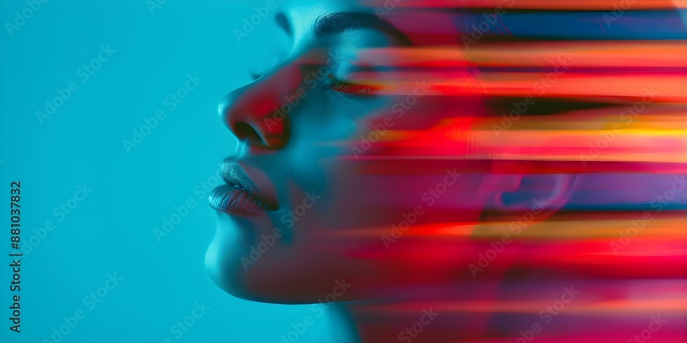 Glitched colorful lines creating an abstract image of a woman's face. Concept Abstract Art, Glitch Art, Colorful Lines, Portrait, Woman's Face Glitched colorful lines creating an abstract image of a woman's face. Concept Abstract Art, Glitch Art, Colorful Lines, Portrait, Woman's Face