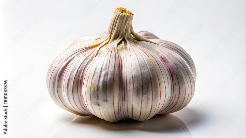 Obraz premium A single, whole garlic bulb with a striped, white and purple skin sits on a white surface