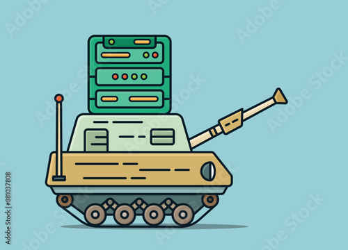 Mini war tank car carrying a secure data server on the top, minimalist flat cartoon illustration