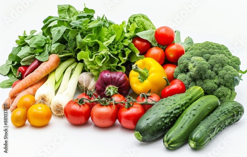 variety of fresh vegetables, including carrots and tomatoes, arranged neatly on white background