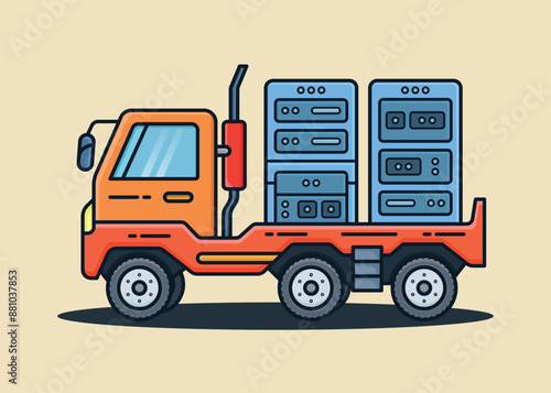 Large container truck carrying two modern data servers, minimalist flat illustration