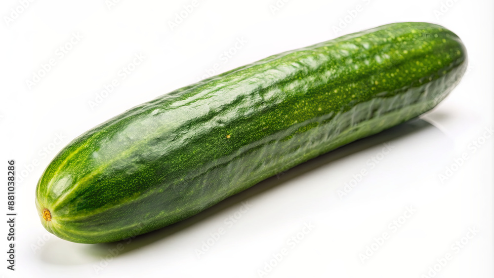 A single, green cucumber rests on a white background, its skin glistening with moisture A single, green cucumber rests on a white background, its skin glistening with moisture