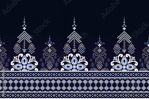 Fabric Pixel Pattern, Ethnic Pattern Designer for Clothing, Background, Abstract Geometric, Pixel Pattern, Aztec Geometric Art Ornament Print, Vector illustration, Cross Stitch, Design for Sari, Patol photo