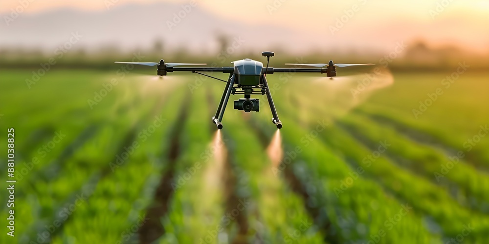 Enhancing Crop Yield and Pest Control Agricultural Drone Sprays Field with Pesticides. Concept Agricultural Drones, Crop Yield Enhancement, Pest Control, Pesticide Spraying, Field Management Enhancing Crop Yield and Pest Control Agricultural Drone Sprays Field with Pesticides. Concept Agricultural Drones, Crop Yield Enhancement, Pest Control, Pesticide Spraying, Field Management