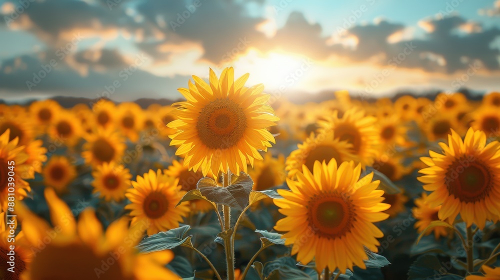 Obraz premium Summer sunflower field, tall sunflowers in full bloom, bright yellow petals, sunny blue sky, cheerful and warm