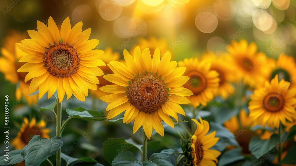 Obraz premium Summer sunflower field, tall sunflowers in full bloom, bright yellow petals, sunny blue sky, cheerful and warm
