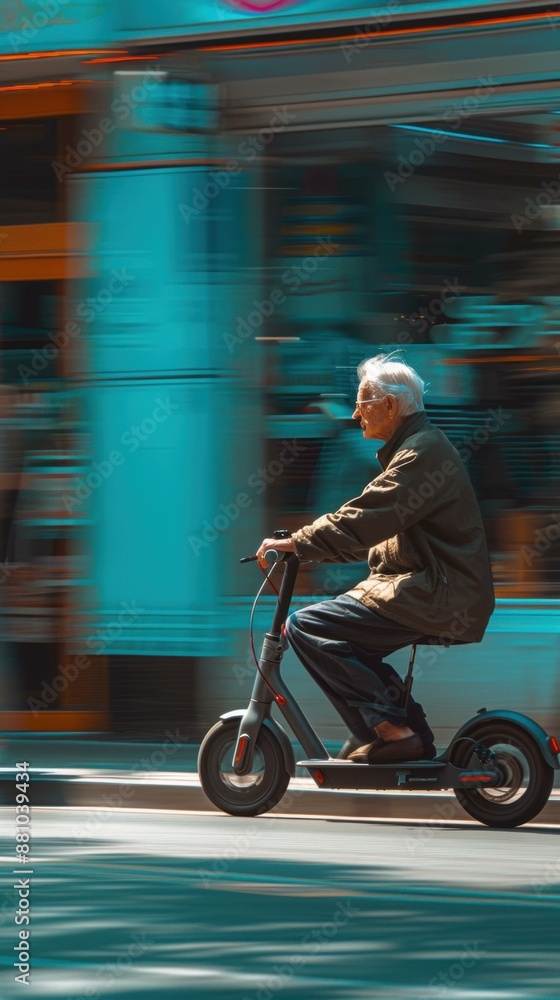 An elderly man rides an electric scooter down a city street. AI. An elderly man rides an electric scooter down a city street. AI.