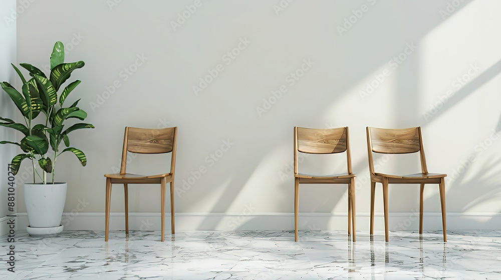 Fototapeta premium Natrual_wood_dinning_table_and_chairs_solid_colour_wall_in_background