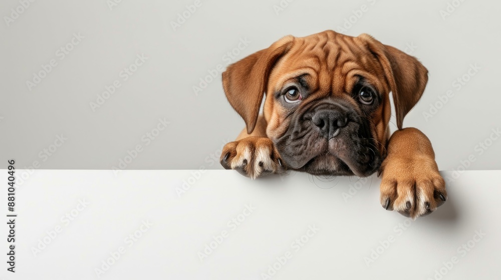 Mastiff puppy cleaning up empty banner and placard white background Mastiff puppy cleaning up empty banner and placard white background
