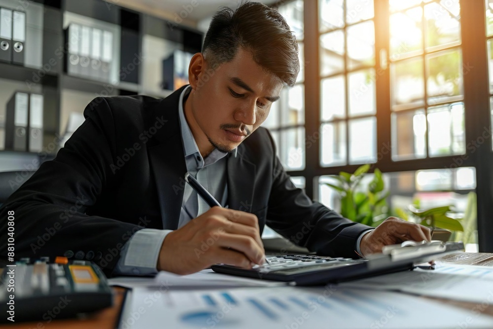 close-up shot of a business man accountant focused on calculating invoices in a modern office setting. close-up shot of a business man accountant focused on calculating invoices in a modern office setting.