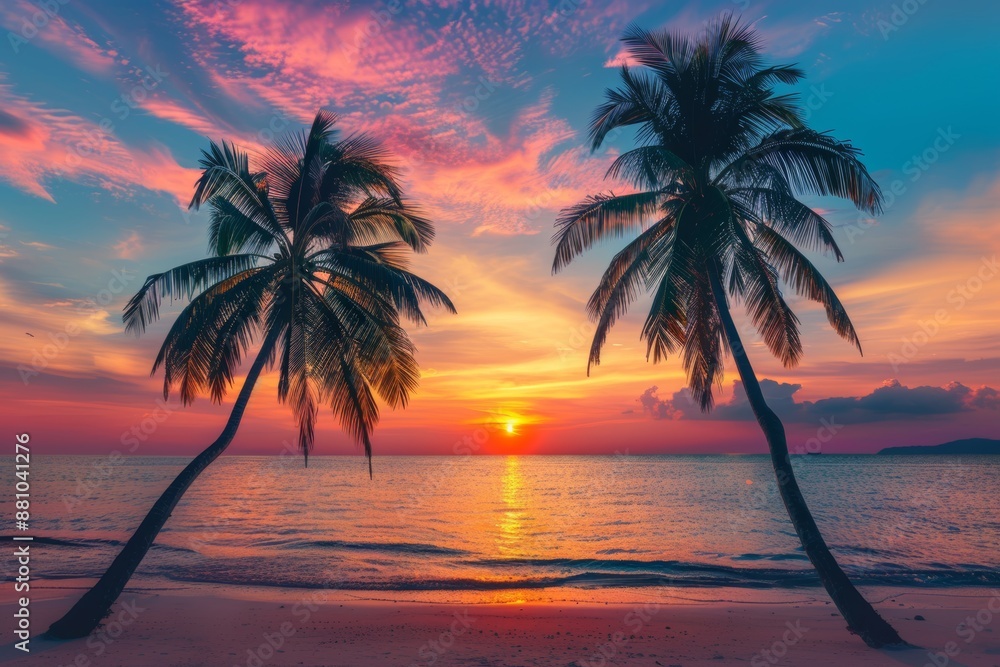 Stunning photography of vivid sunset with palm trees silhouette on a tropical beach Stunning photography of vivid sunset with palm trees silhouette on a tropical beach