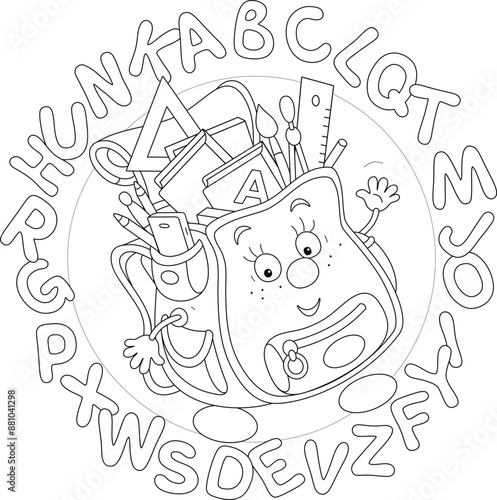 Funny cartoony schoolbag friendly smiling and waving in greeting, surrounded by letters of alphabet, black and white outline vector illustration for a coloring book