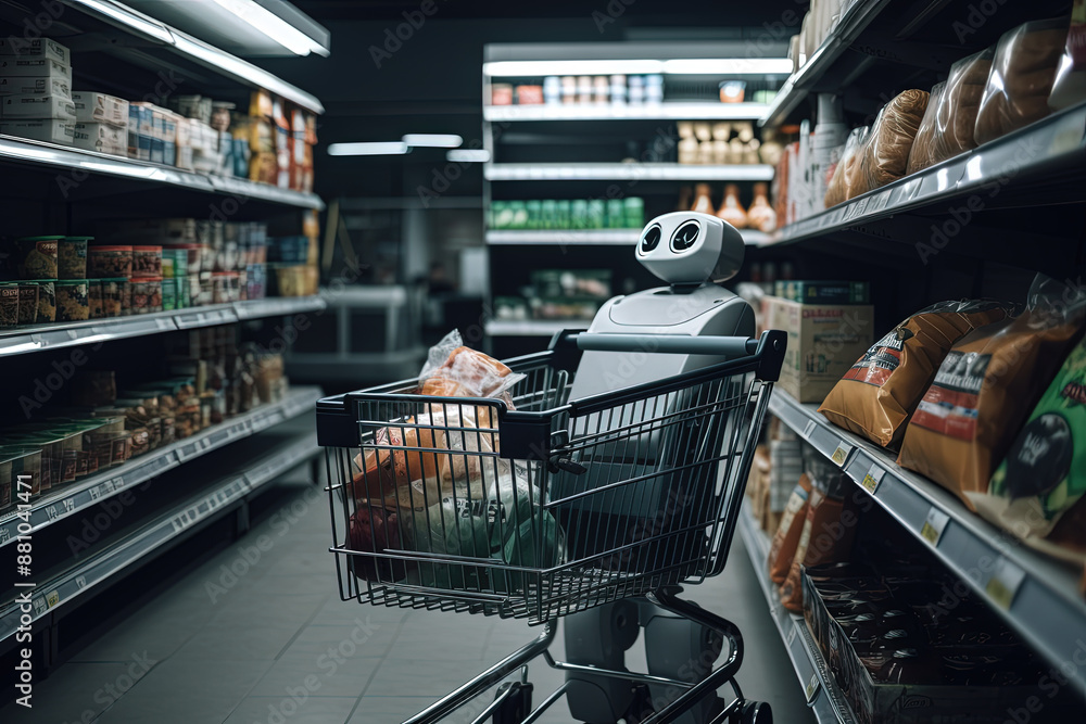 Robot picking fresh fruits and vegetables in a modern supermarket, showcasing future retail and delivery technology.