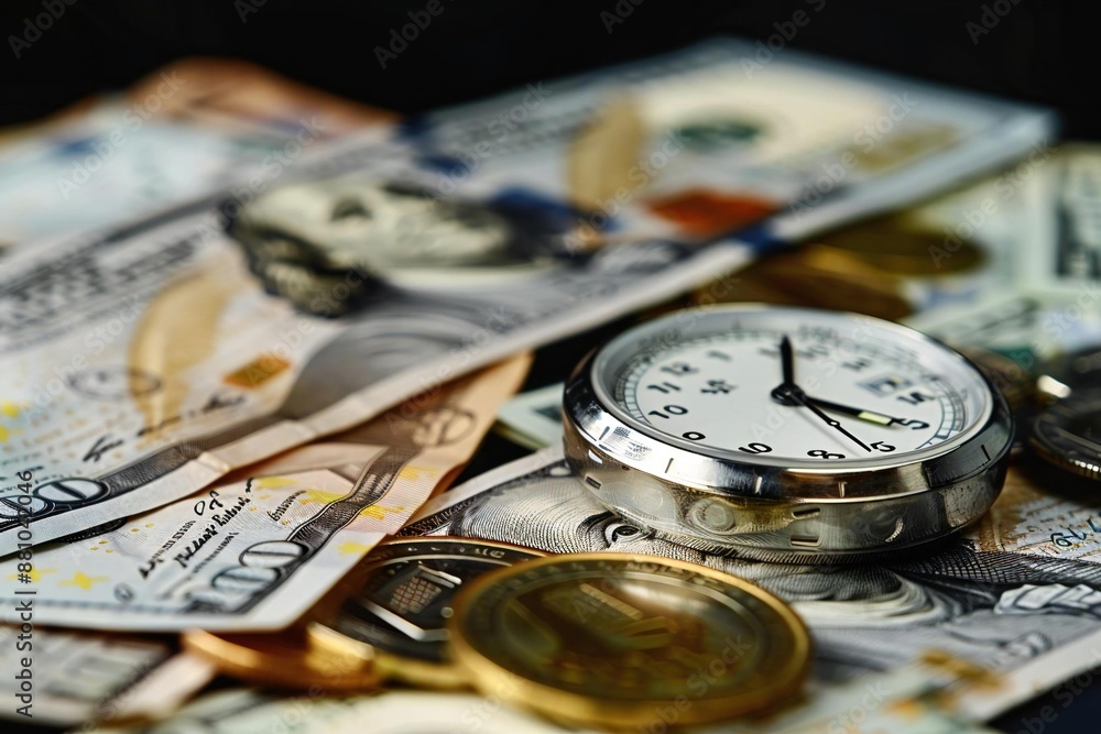 close-up shot of a stopwatch, euro coins, and cash on a black background to signify the concept of time is money. close-up shot of a stopwatch, euro coins, and cash on a black background to signify the concept of time is money.