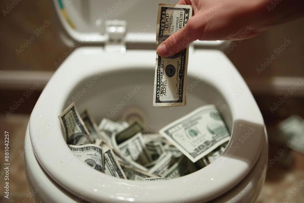 concept photo of a hand throwing 100 dollar bills into a toilet, symbolizing wasting money and flushing revenue down the drain. concept photo of a hand throwing 100 dollar bills into a toilet, symbolizing wasting money and flushing revenue down the drain.