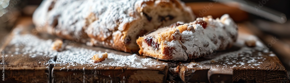 A closeup of a German stollen, showing its rich, fruitfilled texture and powdered sugar coating, arranged on a rustic wooden board with natural lighting A closeup of a German stollen, showing its rich, fruitfilled texture and powdered sugar coating, arranged on a rustic wooden board with natural lighting
