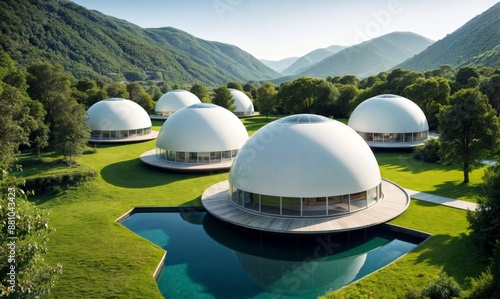 serene landscape of white geodesic domes resting on a grassy hill, with a tranquil pool at their center and a backdrop of majestic mountains. photo