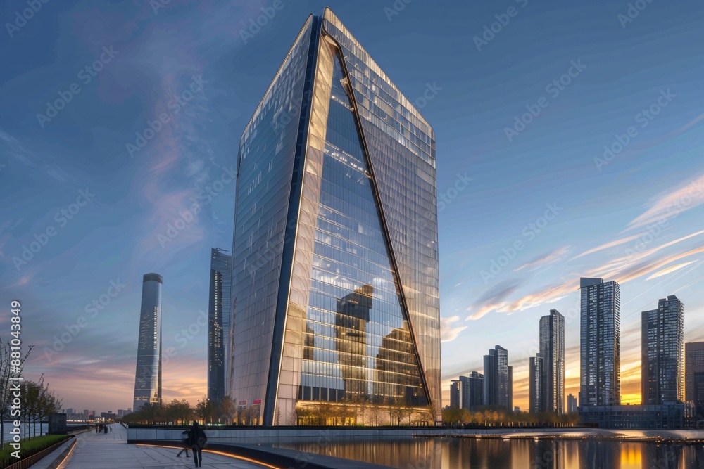 Modern Skyscraper Reflecting Sunset in Urban Skyline Modern Skyscraper Reflecting Sunset in Urban Skyline