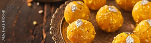 A detailed image of a traditional serving of besan laddu, perfectly round and garnished with silver leaf, placed on a decorative plate with soft, natural lighting photo