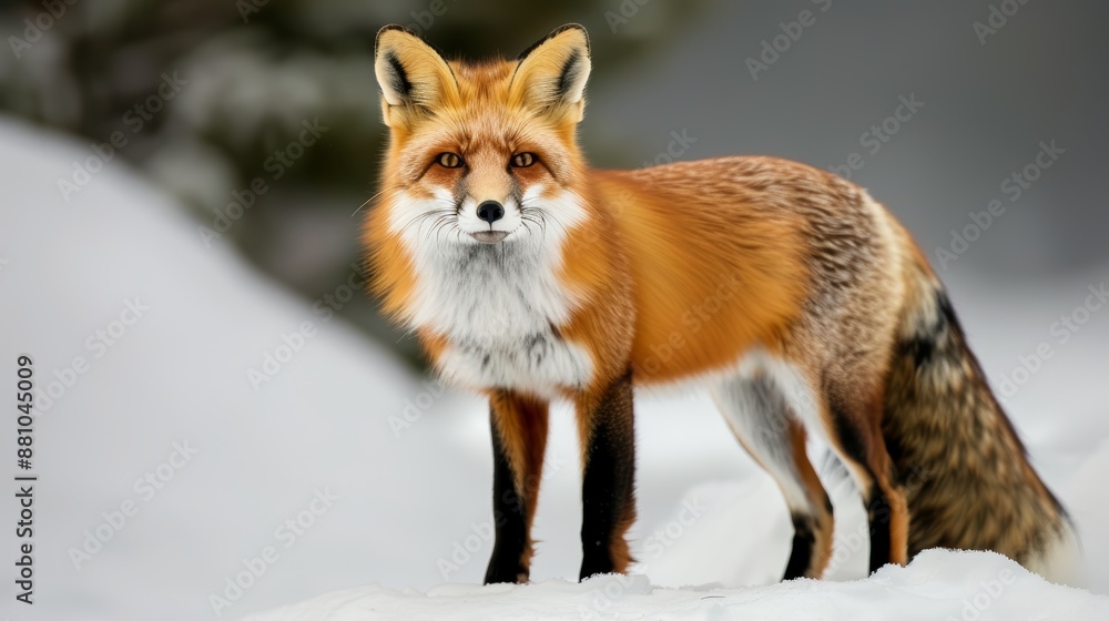 A cute red fox with fluffy fur standing alert in the snow A cute red fox with fluffy fur standing alert in the snow