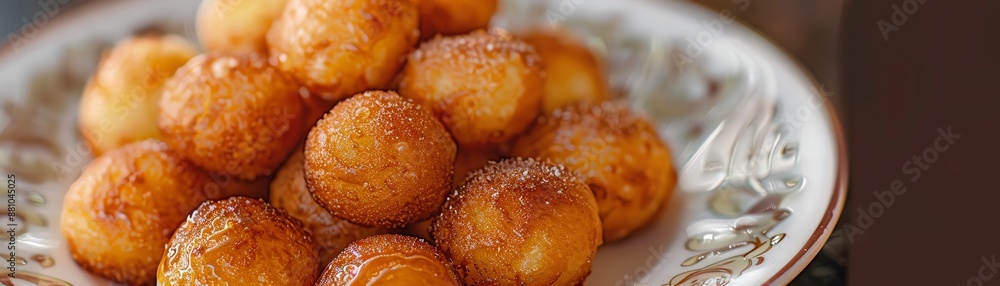 A detailed shot of a Greek loukoumades, with their golden, honeysoaked spheres and sprinkle of cinnamon, arranged on a traditional plate with soft lighting A detailed shot of a Greek loukoumades, with their golden, honeysoaked spheres and sprinkle of cinnamon, arranged on a traditional plate with soft lighting