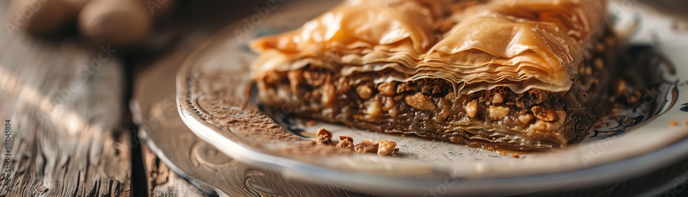 A detailed shot of a Greek baklava, with its flaky layers and rich nut filling, arranged on a traditional ceramic plate with soft, natural lighting A detailed shot of a Greek baklava, with its flaky layers and rich nut filling, arranged on a traditional ceramic plate with soft, natural lighting