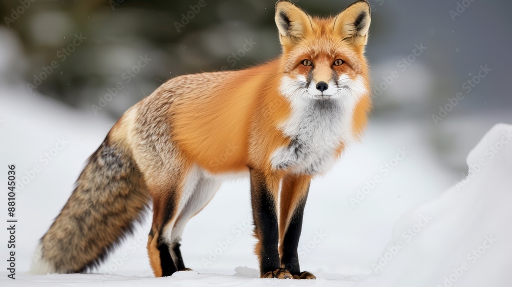 A cute red fox with fluffy fur standing alert in the snow A cute red fox with fluffy fur standing alert in the snow