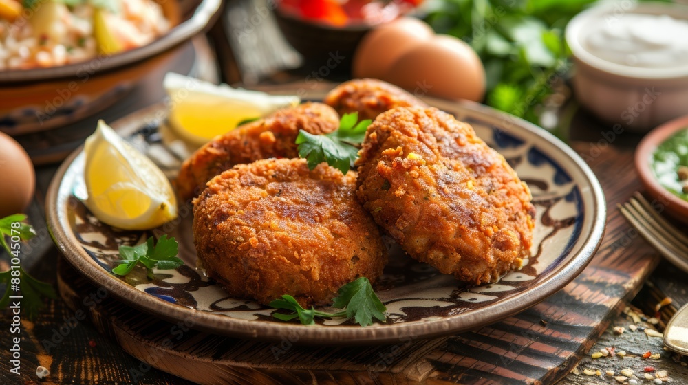 The national cuisine of Egypt. Ta'ameya - cutlets with a side dish of beans. The national cuisine of Egypt. Ta'ameya - cutlets with a side dish of beans.