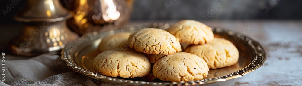 A detailed shot of freshly made nankhatai cookies, golden and crumbly, placed on a traditional brass plate with soft, natural lighting highlighting their texture A detailed shot of freshly made nankhatai cookies, golden and crumbly, placed on a traditional brass plate with soft, natural lighting highlighting their texture