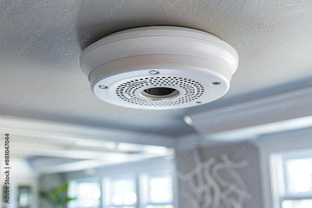 Close-up photo of a smoke detector attached to the ceiling in a home. Close-up photo of a smoke detector attached to the ceiling in a home.