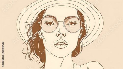 Fashion illustration of a woman wearing a hat and sunglasses. The woman has long, flowing hair and is looking at the viewer with a serious expression.
