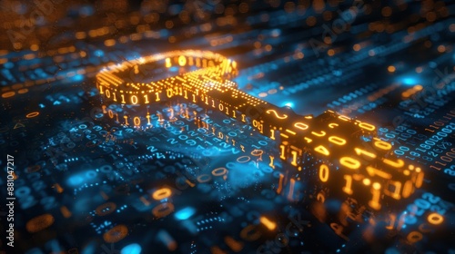 Digital key made of glowing binary code, symbolizing cybersecurity and encryption in a virtual environment.