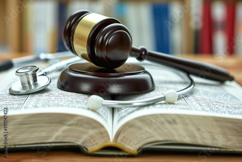 Close-up of a gavel and stethoscope resting on an open book on a wooden table, symbolizing the intersection of law and medicine.