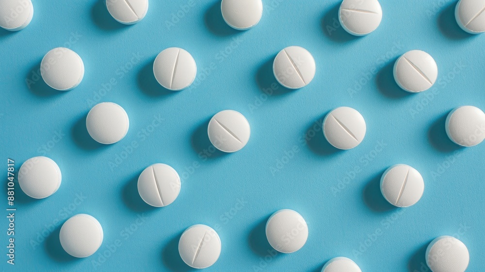 White circular pills arranged on a blue surface White circular pills arranged on a blue surface
