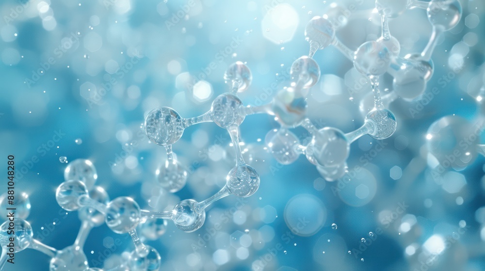 Abstract molecular structure with glowing particles on a blue background, representing science, chemistry, and molecular biology. Abstract molecular structure with glowing particles on a blue background, representing science, chemistry, and molecular biology.