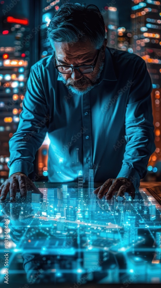 custom made wallpaper toronto digitalA man interacts with a futuristic digital interface, analyzing data in a modern city setting at night.