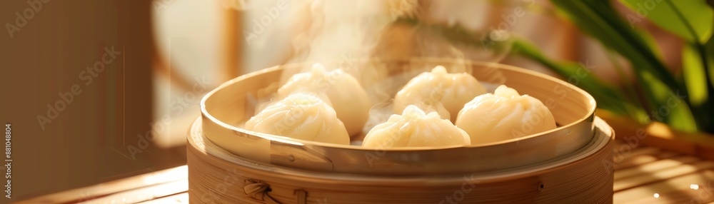 A dynamic image of freshly steamed manju, with a fluffy exterior and creamy filling, placed on a bamboo steamer with steam rising and natural lighting highlighting the texture A dynamic image of freshly steamed manju, with a fluffy exterior and creamy filling, placed on a bamboo steamer with steam rising and natural lighting highlighting the texture