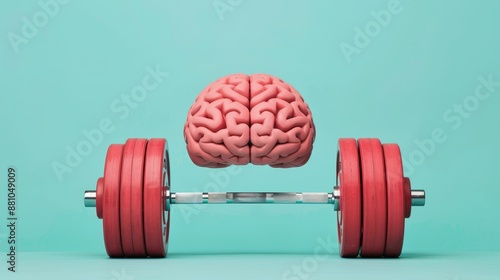 Brain and dumbbell concept emphasizing mental strength and physical fitness against a blue background. photo