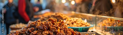 A dynamic image of Georgian gozinaki, with its honeysoaked walnut pieces, set against a bustling market backdrop with warm lighting photo