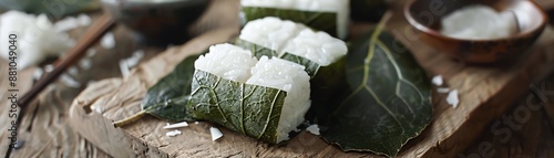 A dynamic image of kashiwamochi, with its white, chewy texture and oak leaf wrap, placed on a rustic wooden board with natural lighting photo