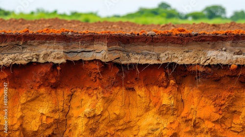 Detailed cross-section of soil layers revealing various strata and colors, highlighting geological formations and soil composition.