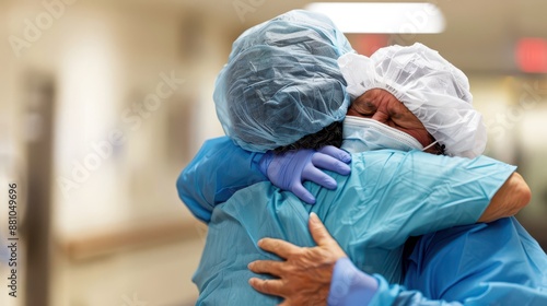 Two healthcare workers in protective gear share a heartfelt hug, showing support and solidarity in a hospital hallway.