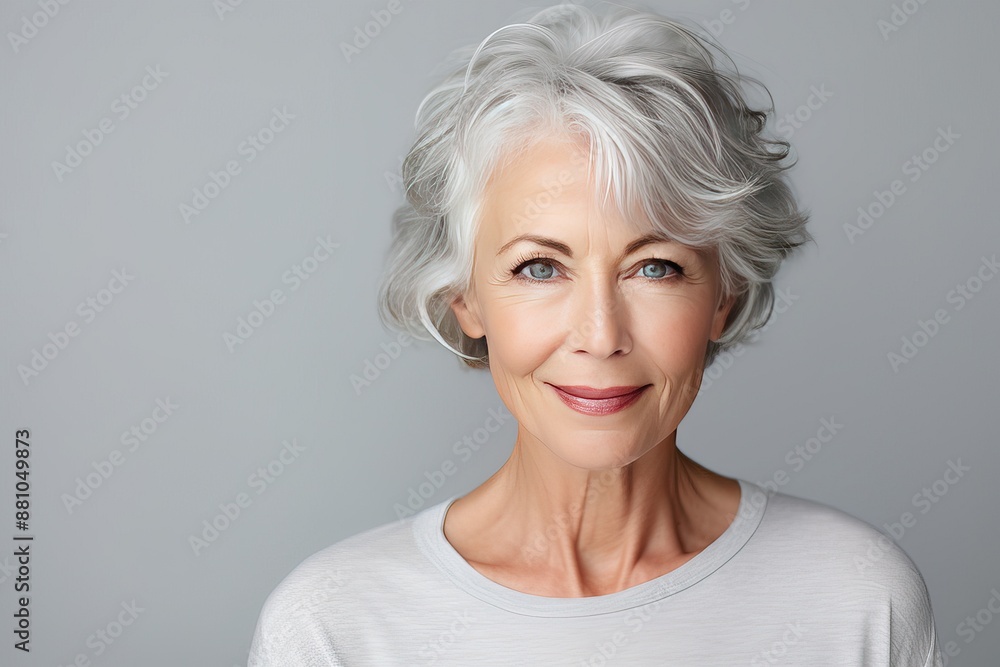 Close-up portrait of a stylish beautiful woman in her 50s. Skin care concept. Luxurious middle-aged woman with a short gray hairdo looking at camera. Close-up portrait of a stylish beautiful woman in her 50s. Skin care concept. Luxurious middle-aged woman with a short gray hairdo looking at camera.