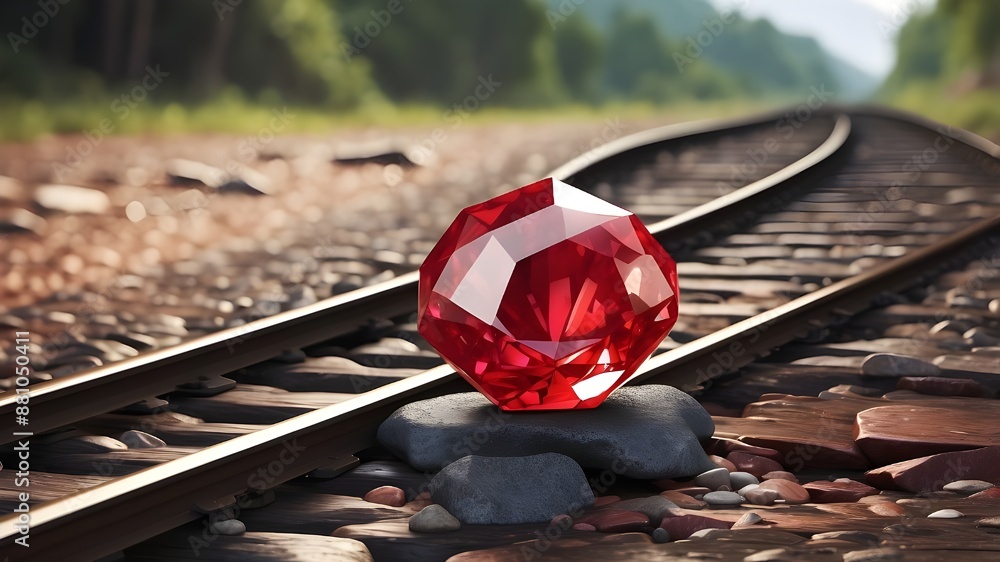 Ruby stone placed on a rail track, symbolizing the Ruby on Rails ...