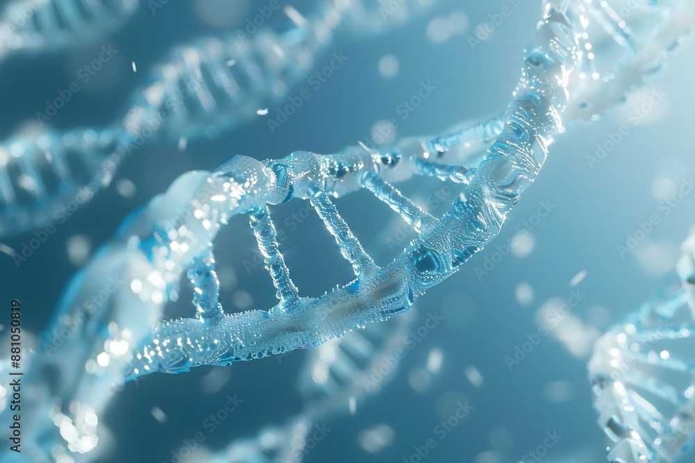 3d render of double helix DNA structure, close up, blue background 3d render of double helix DNA structure, close up, blue background