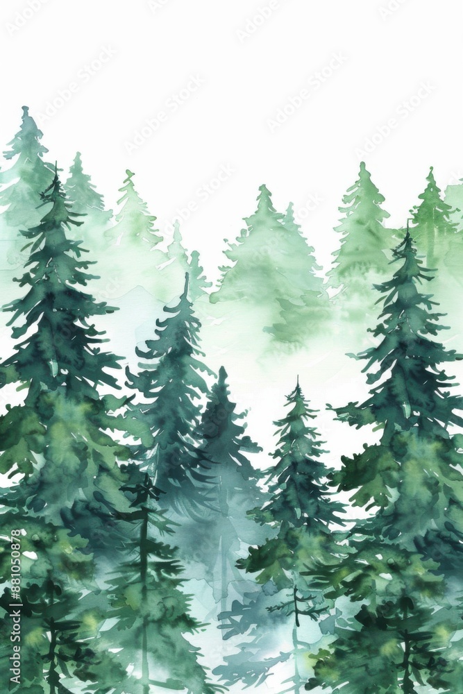 Fototapeta premium Watercolor vertical painting of a foggy evergreen pine forest, copy space