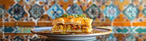 A luxurious image of a Moroccan msemen, with its flaky, layered texture and honey drizzle, served on an ornate plate against a colorful mosaic backdrop photo