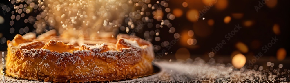 A luxurious image of a Spanish tarta de Santiago, with its almond flavor and powdered sugar cross, set against an elegant backdrop with warm lighting A luxurious image of a Spanish tarta de Santiago, with its almond flavor and powdered sugar cross, set against an elegant backdrop with warm lighting