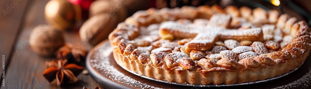 A luxurious image of a Spanish tarta de Santiago, with its almond flavor and powdered sugar cross, set against an elegant backdrop with warm lighting A luxurious image of a Spanish tarta de Santiago, with its almond flavor and powdered sugar cross, set against an elegant backdrop with warm lighting